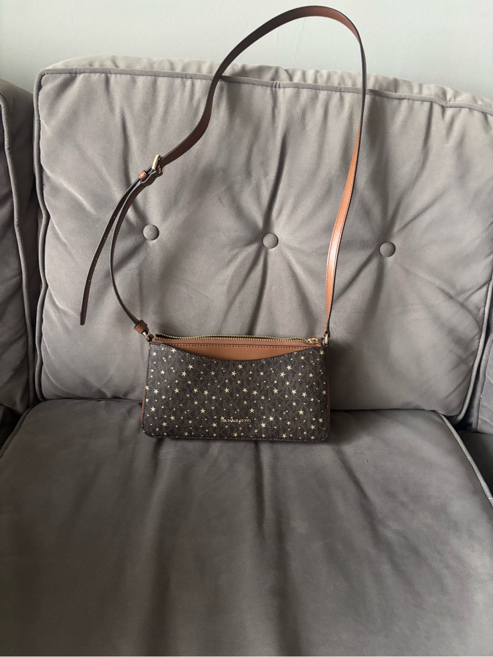 Michael Kors Brown Star Print Crossbody with Tan Strap